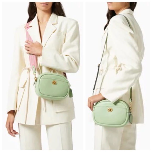 COACH Pistachio Green Leather Oval Camera Bag, Crossbody Guitar Strap (Pink) - Picture 11 of 17